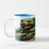 Geanimeerde Beren Rijden op een groene auto Tweekleurige Koffiemok (Links)