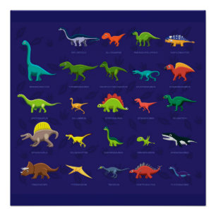 Geanimeerde dinosaurussen met namen onder perfect poster