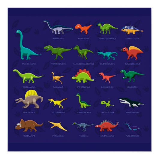 Geanimeerde dinosaurussen met namen onder perfect poster (Voorkant)