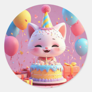Geanimeerde kat die een verjaardagsfeestje viert🎂 ronde sticker