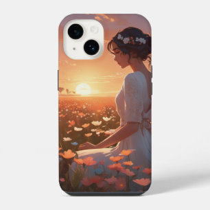 Geanimeerde Meisje in Wit Zittend in een Bloemenge iPhone 14 Hoesje