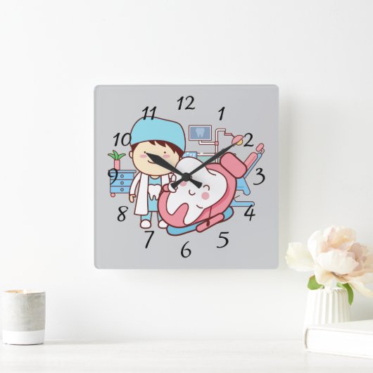 Geanimeerde tandarts met grote tandklok vierkante klok (Huis)