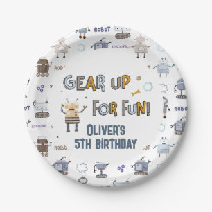 Gear Up voor Fun Robot Kinder Happy Birthday Papieren Bordje