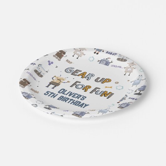 Gear Up voor Fun Robot Kinder Happy Birthday Papieren Bordje (Gekanteld)