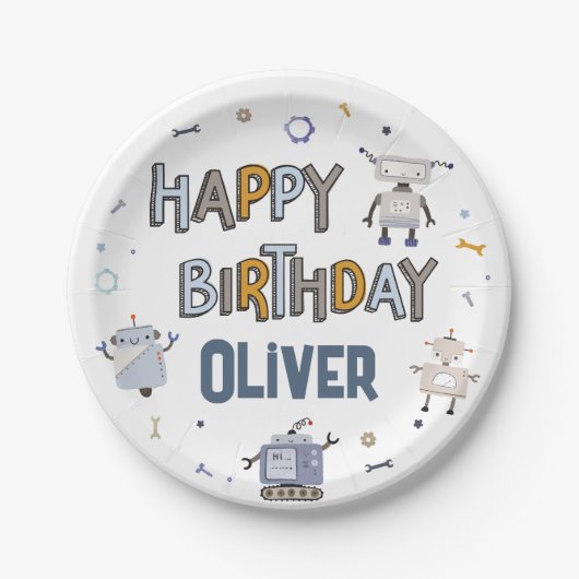 Gear Up voor Fun Robot Kinder Happy Birthday Papieren Bordje (Voorkant)