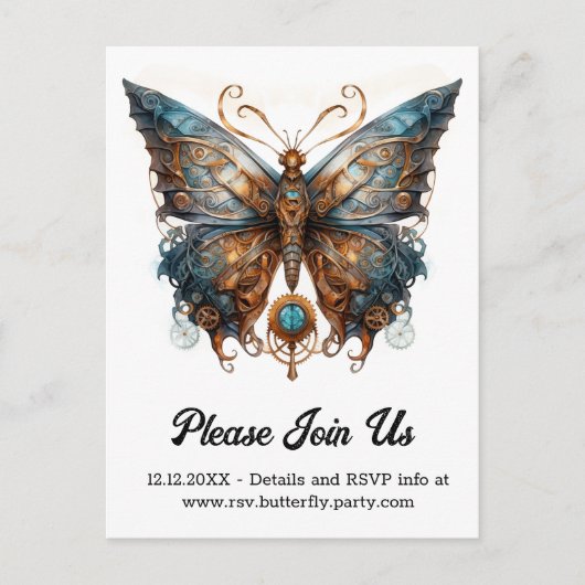 Gearmoth Morpho Vlinder Steampunk Bruiloft Aankondigingskaart (Voorkant)