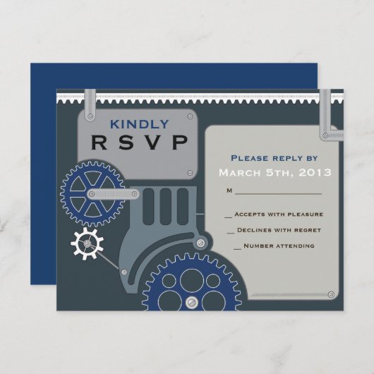 GEARS Bar Bat Mitzvah Invitation RSVP Reply Kaart (Voorkant / Achterkant)