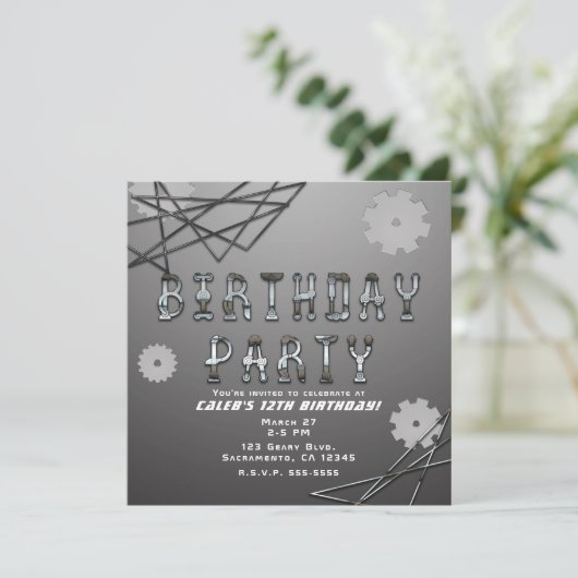 Gears Robot Futuristische Cool Fun Verjaardagsfees Kaart (Staand voorkant)