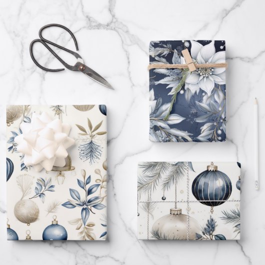 Geavanceerd blauw & goud kerstpatroon inpakpapier vel (Voorkant)