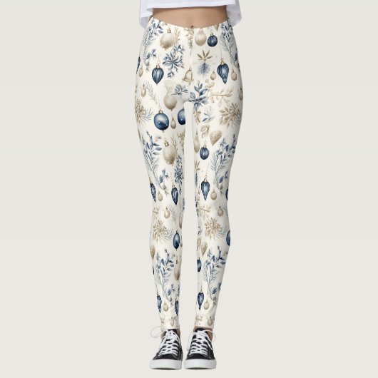 Geavanceerd blauw & goud kerstpatroon leggings (Voorkant)