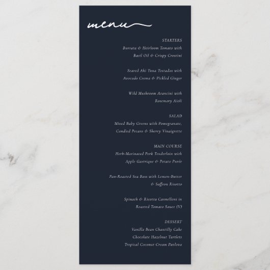 Geavanceerd Navy Blauw Minimalistisch Trouwmenu Menu (Voorkant)
