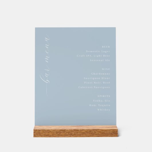 Geavanceerde Blauwe Minimalistische Bar Menu Acryl Bord (Voorkant)
