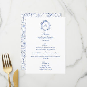 Geavanceerde Botanische Blauwe Chinoiserie Bruilof Menu