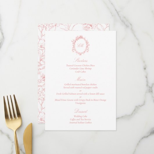Geavanceerde Botanische Roze Chinoiserie Bruiloft Menu (Voorkant / Achterkant in situ)