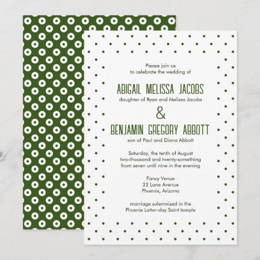 Geavanceerde groen & wit polka-dot receptie kaart (Voorkant / Achterkant)