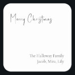 Geavanceerde kerstvierkant Sticker met cadeautjes<br><div class="desc">Deze sticker met een vierkant kerstscript is ideaal voor uw minimalistische shabby chic boho black and white vakantion cadeau. De minimale witte handgeschreven kalligrafie is delicaat en robuust, terwijl het klasje en elegant blijft. Het ontwerp weerspiegelt een eenvoudige, volledig witte winterdag en roept herinneringen op aan een meer simplistisch leven....</div>