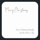 Geavanceerde kerstvierkant Sticker met cadeautjes<br><div class="desc">Deze sticker met een vierkant kerstscript is ideaal voor uw minimalistische shabby chic boho black and white vakantion cadeau. De minimale witte handgeschreven kalligrafie is delicaat en robuust, terwijl het klasje en elegant blijft. Het ontwerp weerspiegelt een eenvoudige, volledig witte winterdag en roept herinneringen op aan een meer simplistisch leven....</div>