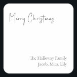 Geavanceerde kerstvierkant Sticker met cadeautjes<br><div class="desc">Deze sticker met een vierkant kerstscript is ideaal voor uw minimalistische shabby chic boho black and white vakantion cadeau. De minimale witte handgeschreven kalligrafie is delicaat en robuust, terwijl het klasje en elegant blijft. Het ontwerp weerspiegelt een eenvoudige, volledig witte winterdag en roept herinneringen op aan een meer simplistisch leven....</div>