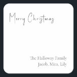 Geavanceerde kerstvierkant Sticker met cadeautjes<br><div class="desc">Deze sticker met een vierkant kerstscript is ideaal voor uw minimalistische shabby chic boho black and white vakantion cadeau. De minimale witte handgeschreven kalligrafie is delicaat en robuust, terwijl het klasje en elegant blijft. Het ontwerp weerspiegelt een eenvoudige, volledig witte winterdag en roept herinneringen op aan een meer simplistisch leven....</div>
