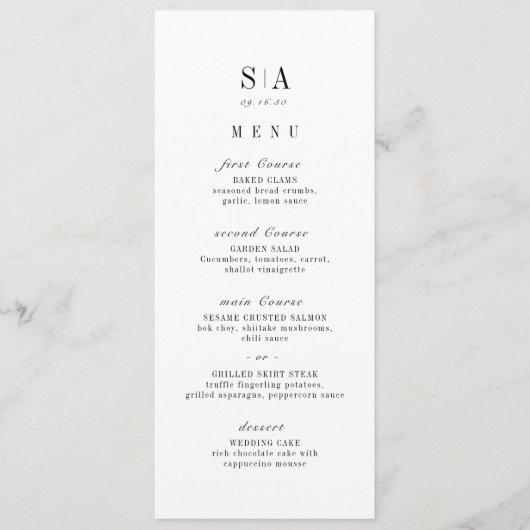 Geavanceerde monogram minimalistische bruiloft menu (Voorkant)