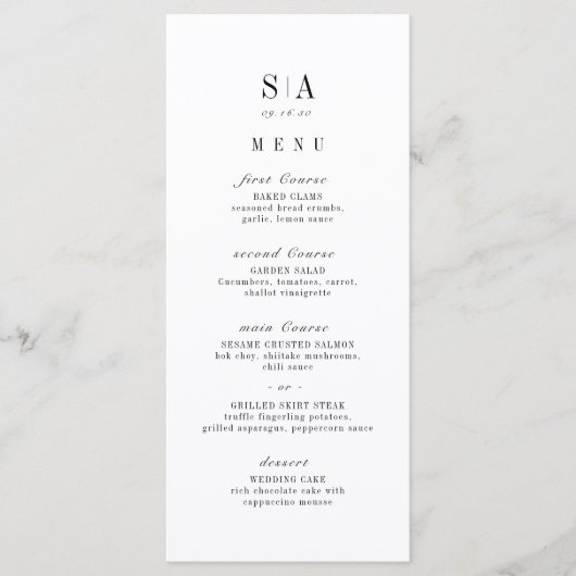 Geavanceerde monogram minimalistische bruiloft menu (Voorkant)