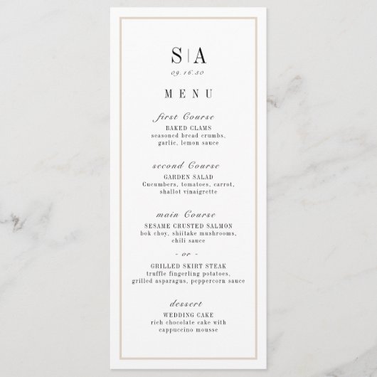 Geavanceerde monogram minimalistische bruiloft menu (Voorkant)