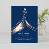 Geavanceerde Navy Blue & Roos Gold Quinceanera Folie Uitnodiging (Staand Voorkant)