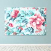 Geavanceerde Pink Claret Bloemen en Azure Leaves Canvas Afdruk (Insitu (Houten vloer))
