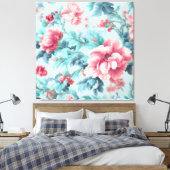 Geavanceerde Pink Claret Bloemen en Azure Leaves Canvas Afdruk (Insitu (Slaapkamer))