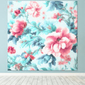 Geavanceerde Pink Claret Bloemen en Azure Leaves Canvas Afdruk (Insitu (Houten vloer))
