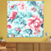 Geavanceerde Pink Claret Bloemen en Azure Leaves Canvas Afdruk (Insitu (Woonkamer))