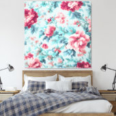 Geavanceerde Pink Claret Bloemen en Azure Leaves Canvas Afdruk (Insitu (Slaapkamer))