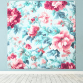 Geavanceerde Pink Claret Bloemen en Azure Leaves Canvas Afdruk (Insitu (Houten vloer))