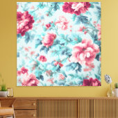Geavanceerde Pink Claret Bloemen en Azure Leaves Canvas Afdruk (Insitu (Woonkamer))