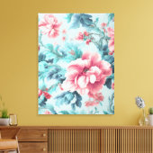 Geavanceerde Pink Claret Bloemen en Azure Leaves Canvas Afdruk (Insitu (Woonkamer))