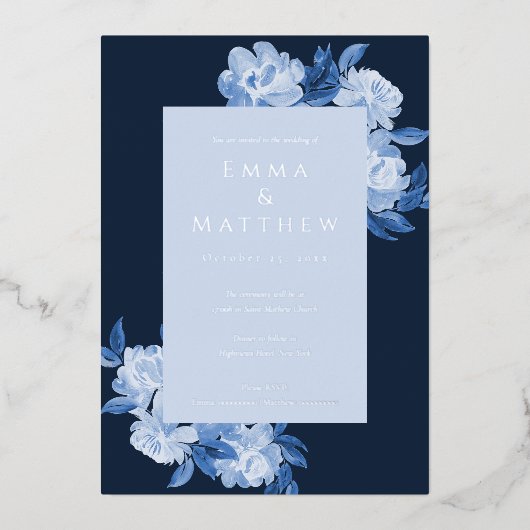 Geavanceerde Waterverf bloemen blauwe achtergrond Folie Uitnodiging (Voorkant)