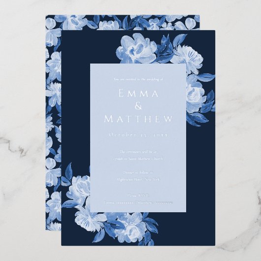 Geavanceerde Waterverf bloemen blauwe achtergrond Folie Uitnodiging (Voorkant / Achterkant)