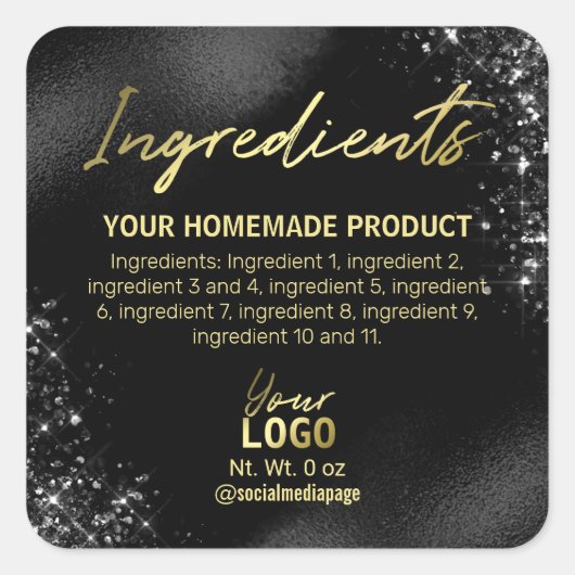 Geavanceerde zwarte glitter Folie ingrediëntenlabe Vierkante Sticker (Voorkant)