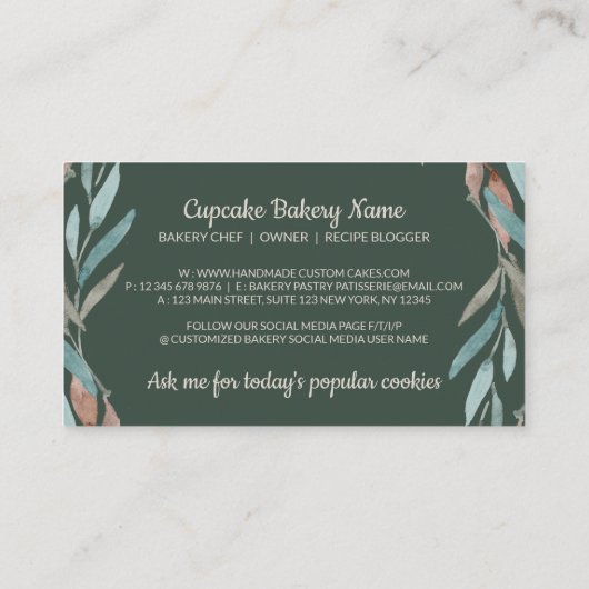 gebak Bag, groene goudsmeel Rustige Logo Baker Visitekaartje (Achterkant)