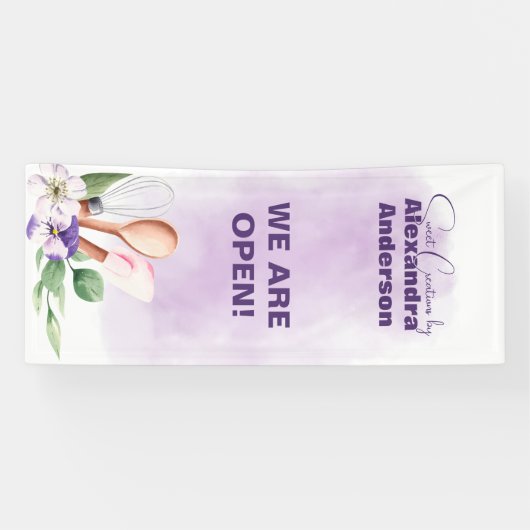 Gebak Bakken Gereedschap Paarse Bloemen Waterverf Spandoek (Horizontaal)