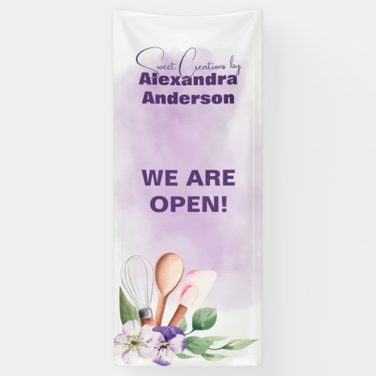Gebak Bakken Gereedschap Paarse Bloemen Waterverf Spandoek (Verticaal)
