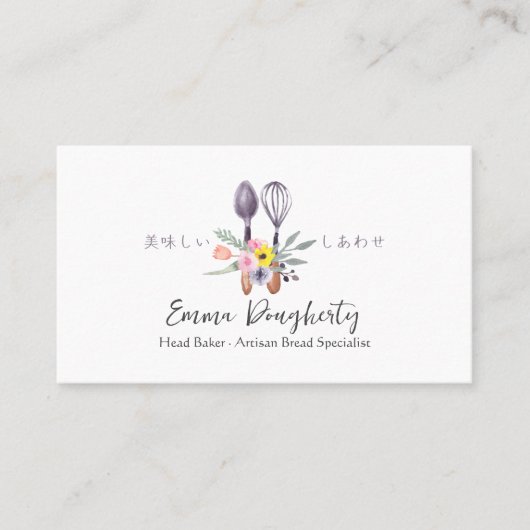 Gebak Chef Bakken Utensil Bloemen Boeket Rustiek Visitekaartje (Voorkant)