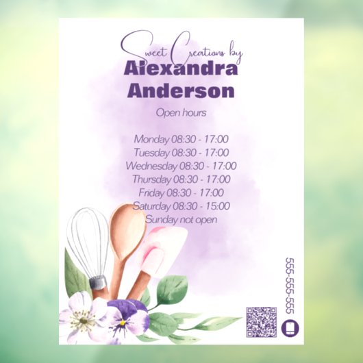 Gebak Chef Bakken Utensils Paarse Bloemen QR Code Raamsticker (Vel 3)