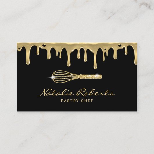 Gebak Chef Modern Goud Drips Whisk Logo Bakkerij Visitekaartje (Voorkant)