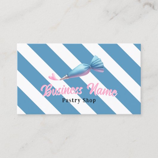 Gebak Shop Piping Bag & Heart Blue Stripes Bakkeri Visitekaartje (Voorkant)