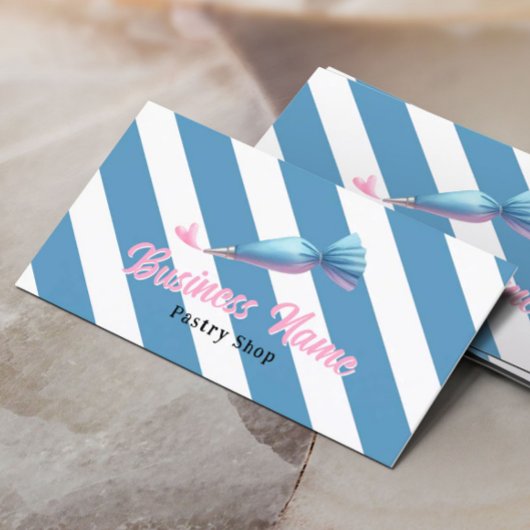 Gebak Shop Piping Bag & Heart Blue Stripes Bakkeri Visitekaartje