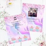 Gebak winkel bakkerij holografische cupcakes logo  flyer<br><div class="desc">Personaliseer en voeg uw bedrijf logo,  naam,  adres,  jouw tekst. Blush roze,  paarse,  blauwe pastels holografische achtergrond versierd met confetti en cupcakes. Terug: voeg een foto toe en vertel het verhaal over je merk.</div>