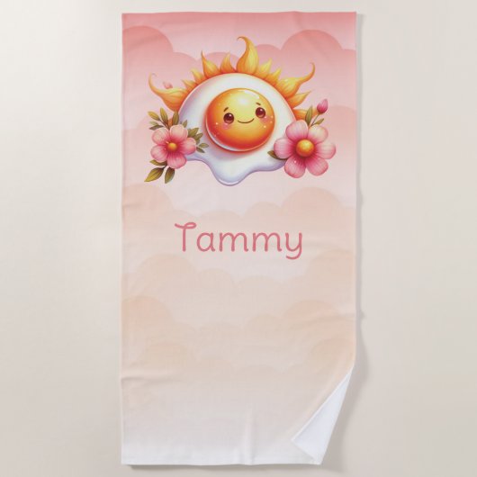 Gebakken Ei Hete Zon Roze Bloemen Meisje Strandlaken (Voorkant)