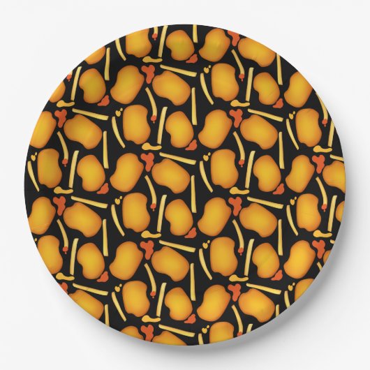 Gebakken kippenbeten en aardappelfriet papieren bordje (Voorkant)