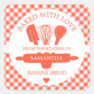 Gebakken met liefde Banaanbrood Oranje Gingham Vierkante Sticker